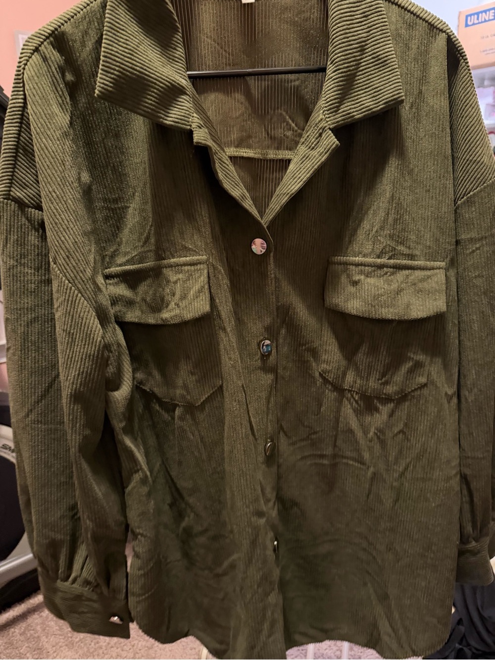 Olive Green Corduroy Utility Shirt with Front Flap Pockets